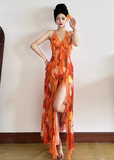 Summer Seaside Halter Printing Ruffle Long Dress Women Dress Dating Casual Chic Dress HZ0319