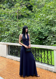 French A Line Lace V-neck Halter Backless Pleated Seaside Holiday Female Long Dress Date Dress HZ0319