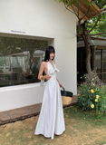 French A-line V-neck Halter Backless Striped Long dress Beach Dress Women Summer Dress with Bow knot HZ0319