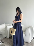 French A-line V-neck Halter Backless Striped Long dress Beach Dress Women Summer Dress with Bow knot HZ0319