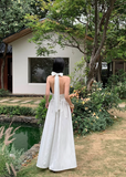 French A-line V-neck Halter Backless Striped Long dress Beach Dress Women Summer Dress with Bow knot HZ0319