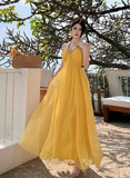 Sweet Crystal V-neck Halter Backless Tulle Pleated Seaside Dress Women Summer Long Dress HZ0319
