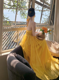 Sweet Crystal V-neck Halter Backless Tulle Pleated Seaside Dress Women Summer Long Dress HZ0319