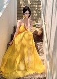 Sweet Crystal V-neck Halter Backless Tulle Pleated Seaside Dress Women Summer Long Dress HZ0319