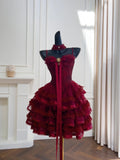 Pretty Burgundy Spaghetti Straps Sweetheart Neck Lace Tiered Tulle Short Prom Dress Homecoming Dress HZ0319