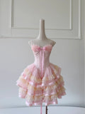 Cute Spaghetti Straps Ruffle Rose Buttons Tiered Lace Tulle Birthday Party Dress Short Outfits Dress Homecoming Dress HZ0319
