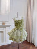Pretty Square Neck Lace Up Embroidery Sequin Ruffle Tiered Lace Birthday Party Dress Sweet 16 Dress Homecoming Dress with Pearl Link HZ0319