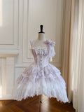 Gorgeous Straps Bowknot Lace Ruffle Print Pleated Tiered Quinceanera Dress Homecoming Dress HZ0319