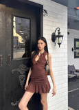 Vintage V-Neck Brown Ruffled Pleated Short Skirt Women Summer Dress Vacation Dating Dress HZ0319