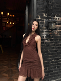 Vintage V-Neck Brown Ruffled Pleated Short Skirt Women Summer Dress Vacation Dating Dress HZ0319