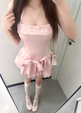 Sweet A-line Halter Open-Back Pleated Bowknot Short Skirt Women Date Dress Summer Dress HZ0319