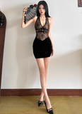 Sexy Halter V-neck Backless Lace Short Party Skirt Women Summer Dress HZ0319
