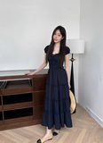 Minimalist Square Neckline Lace-up Pleated Ruffle Long Skirt Summer Dress Women Dress HZ0319