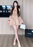 Pretty Asymmetrical Neck Pleated Ruffle Tulle Short Women Dress Seaside Vacation Dress HZ0319