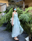 Beach Spaghetti Straps Pleated Ruffle Long Women Dress Vacation Seaside Dress HZ0319