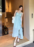 Beach Spaghetti Straps Pleated Ruffle Long Women Dress Vacation Seaside Dress HZ0319