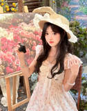 Sweet Square Neck Bowknot Print Pleated Floral Tulle Skirt Princess Dress Women Summer Dress HZ0319