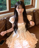 Sweet Square Neck Bowknot Print Pleated Floral Tulle Skirt Princess Dress Women Summer Dress HZ0319