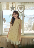 Sweet Crew Neck Bowknot Ruffle Pleated Short Skirt Summer Date Dress Women Dress HZ0319