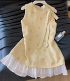 Sweet Crew Neck Bowknot Ruffle Pleated Short Skirt Summer Date Dress Women Dress HZ0319