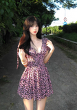 Pretty A Line V-neck Lace-up Floral Short Skirt Princess Women Summer Dress HZ0319
