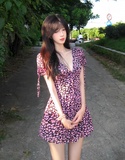Pretty A Line V-neck Lace-up Floral Short Skirt Princess Women Summer Dress HZ0319