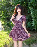 Pretty A Line V-neck Lace-up Floral Short Skirt Princess Women Summer Dress HZ0319