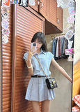 Pretty A Line Strip Pleated Casual Date Dress Women Summer Skirt with Belt HZ0319