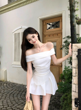 Elegant A Line Off the Shoulder Strip Pleated Irregular Dress Seaside Date Dress Women Summer Two Piece Set Short Skirt HZ0319
