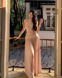 Elegant Halter Lace Pleated Long Skirt Women Summer Vacation Seaside Date Dress HZ0319