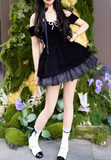 Sexy Black Off the Shoulder Crystal Bowknot Blingbling Pleated Tiered Casual Short Party Dress Women Summer Date Dress HZ0319
