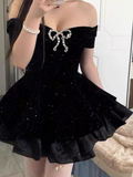 Sexy Black Off the Shoulder Crystal Bowknot Blingbling Pleated Tiered Casual Short Party Dress Women Summer Date Dress HZ0319