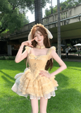Sweet Square Neck Pleated Lace Ruffle Teired Bowknot Short Summer Dress Women Vacation Party Dress HZ0319