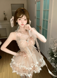 Sweet Halter Floral Pleated Lace up Tulle Short Summer Party Dress Women Vacation Date Dress HZ0319