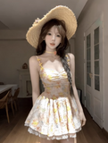 Cute Spaghetti Straps Printing Floral Pleated Lace Tiered Tulle Short Summer Party Dress Women Seaside Date Dress HZ0319
