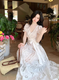 Elegant V-neck Lace Embroidered Lace up Maxi Dress Women Summer Vacation Dress HZ0319
