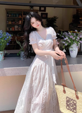Elegant V-neck Lace Embroidered Lace up Maxi Dress Women Summer Vacation Dress HZ0319