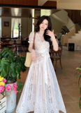 Elegant V-neck Lace Embroidered Lace up Maxi Dress Women Summer Vacation Dress HZ0319