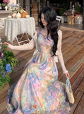 Vintage Spaghetti Straps Oil Painting Floral Butterfly Vacation Maxi Dress Summer Seaside Dress HZ0319