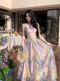 Vintage Spaghetti Straps Oil Painting Floral Butterfly Vacation Maxi Dress Summer Seaside Dress HZ0319