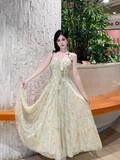 Versatile Spaghetti Straps Lace Neck Lace up Floral Pleated Maxi Dress Women Summer Vacation Dress HZ0319