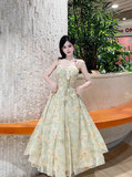 Versatile Spaghetti Straps Lace Neck Lace up Floral Pleated Maxi Dress Women Summer Vacation Dress HZ0319