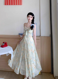 Versatile Spaghetti Straps Lace Neck Lace up Floral Pleated Maxi Dress Women Summer Vacation Dress HZ0319