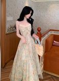 Versatile Spaghetti Straps Lace Neck Lace up Floral Pleated Maxi Dress Women Summer Vacation Dress HZ0319