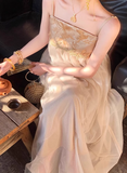 Retro Chinese Style Spaghetti Straps Embroidered Pleated Tulle Maxi Dress Women Summer Seaside Dress HZ0319