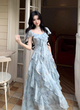 Vacation Square Neck Printing Floral Ruffle Maxi Skirt Women Dress Summer Seaside Dress HZ0319
