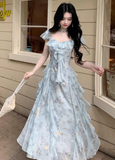 Vacation Square Neck Printing Floral Ruffle Maxi Skirt Women Dress Summer Seaside Dress HZ0319