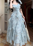 Vacation Square Neck Printing Floral Ruffle Maxi Skirt Women Dress Summer Seaside Dress HZ0319