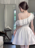 Elegant A Line Asymmetrical Neck Ruffle Short Skirt Women Dress Summer Date Dress HZ0319