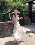 Seaside A Line Printing Floral Lace-up Pleated Skirt Women Dress Summer Date Dress HZ0319